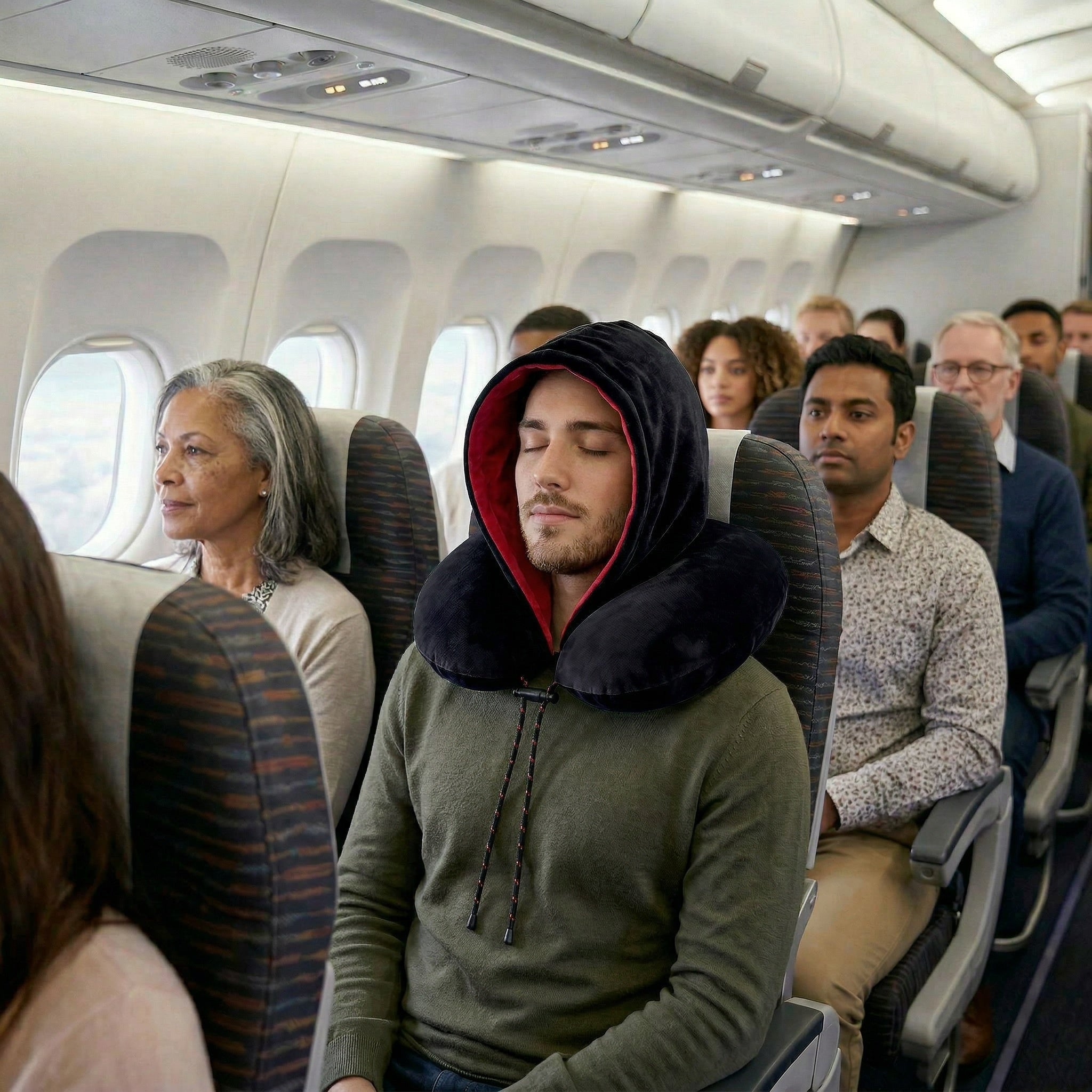 Hooded Neck Pillow: Black x Red